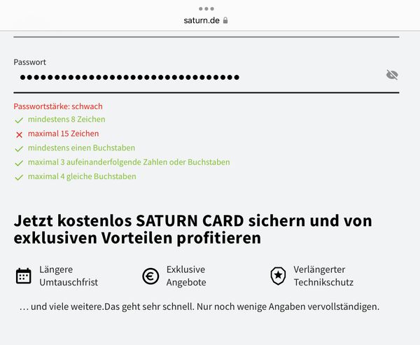 Saturn dumb password rule screenshot