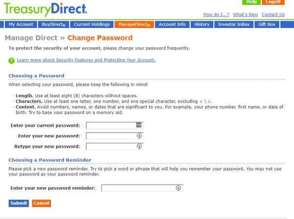 TreasuryDirect dumb password rule screenshot