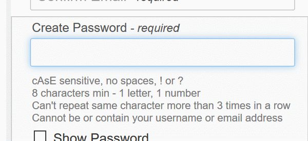Sears dumb password rule screenshot