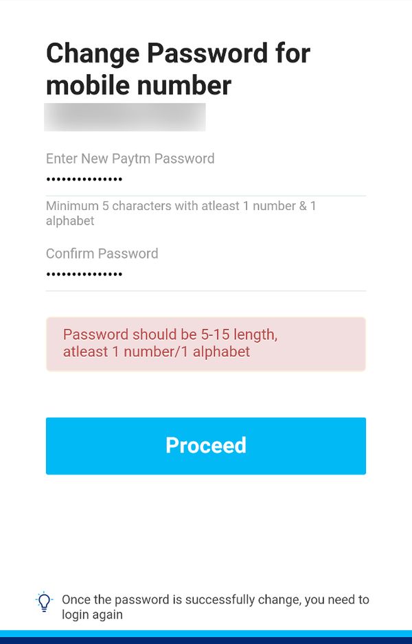 Paytm dumb password rule screenshot