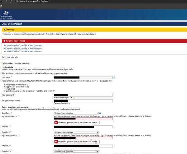 Australia Immi Platform dumb password rule screenshot