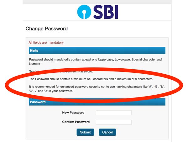 State Bank of India (Foreign Travel Card) dumb password rule screenshot