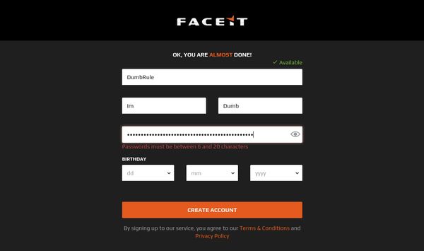 FACE IT Ltd. (Faceit) dumb password rule screenshot