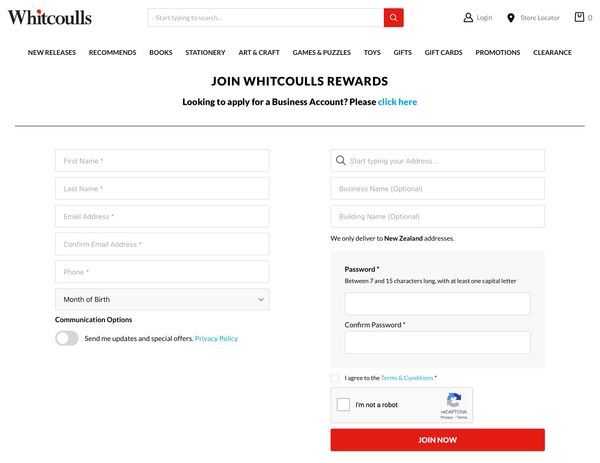 Whitcoulls dumb password rule screenshot