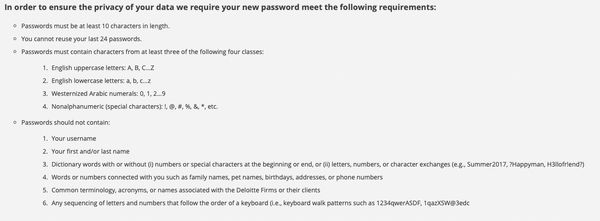 Deloitte GlobalAdvantage dumb password rule screenshot