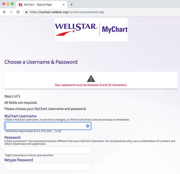 WellStar MyChart dumb password rule screenshot