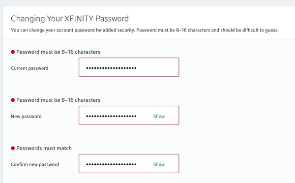 Comcast dumb password rule screenshot